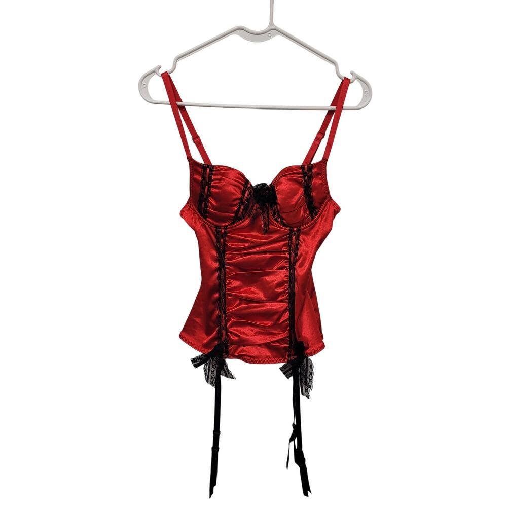 Morbid Threads Red Satin Corset Top Size 32A Black Lace Trim Gothic Y2K Lingerie